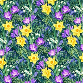 Spring Floral with Daffodils, Crocuses and Lily of the Valley - blue green, medium