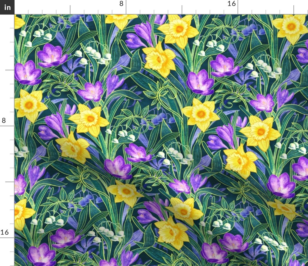 Spring Floral with Daffodils, Crocuses and Lily of the Valley - blue green, medium