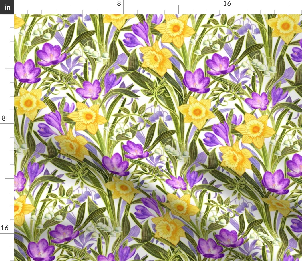 Spring Floral with Daffodils, Crocuses and Lily of the Valley on white - medium