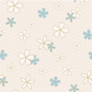 Blue and Gold Chinese Flowers on Creamy Background