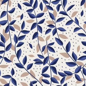 Leaves and Branches - dark blue and sand on beige - large