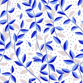 Leaves and Branches - blue, beige on white - large