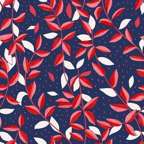 Leaves and Branches - red, pink, white on dark blue - large