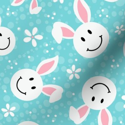 Large Scale White Easter Bunny Smile Faces on Pool Blue