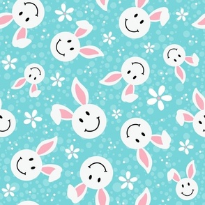 Large Scale White Easter Bunny Smile Faces on Pool Blue