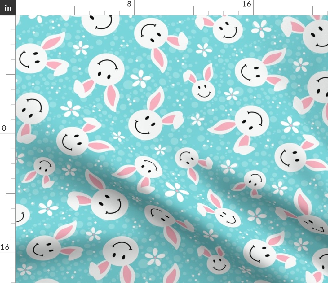 Large Scale White Easter Bunny Smile Faces on Pool Blue