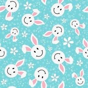 Medium Scale White Easter Bunny Smile Faces on Pool Blue