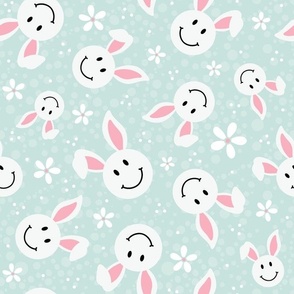 Large Scale White Easter Bunny Smile Faces on Soft Mint