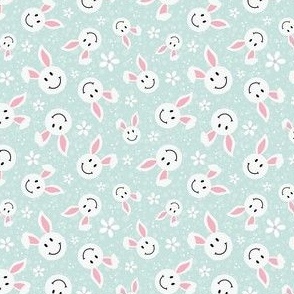 Small Scale White Easter Bunny Smile Faces on Soft Mint