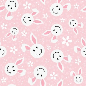 Large Scale White Easter Bunny Smile Faces on Soft Pink