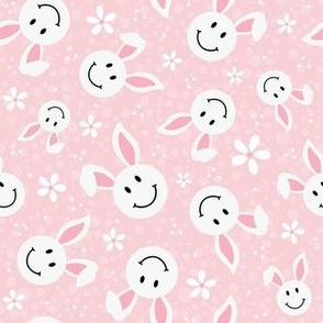 Medium Scale White Easter Bunny Smile Faces on Soft Pink