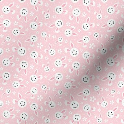 Small Scale White Easter Bunny Smile Faces on Soft Pink