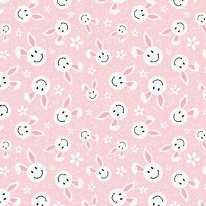 Small Scale White Easter Bunny Smile Faces on Soft Pink