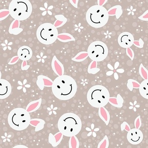 Large Scale White Easter Bunny Smile Faces on Tan