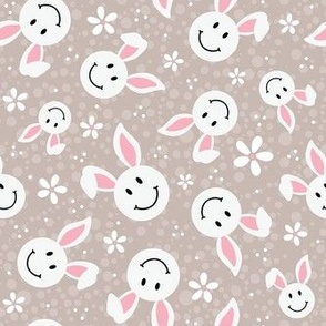 Medium Scale White Easter Bunny Smile Faces on Tan