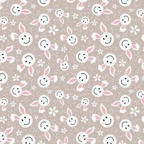 Small Scale White Easter Bunny Smile Faces on Tan