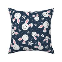 Large Scale White Easter Bunny Smile Faces on Navy