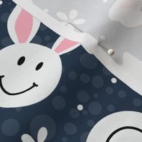 Large Scale White Easter Bunny Smile Faces on Navy