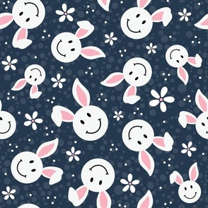 Large Scale White Easter Bunny Smile Faces on Navy