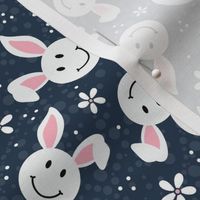 Medium Scale White Easter Bunny Smile Faces on Navy