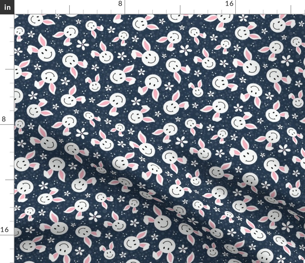 Medium Scale White Easter Bunny Smile Faces on Navy