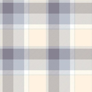 Plaid in cream yellow, faded purple, gray and white