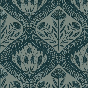 Artichoke and Daisy - 12 inch repeat in Dark teal