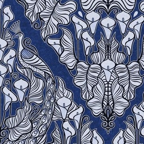 Peacock in Calla Lily Garden Damask- Birds and Flowers Monochromatic Maximalist Navy Blue- Indigo- Small