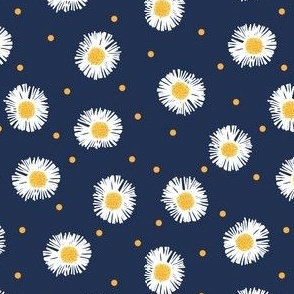 Retro daisies with orange polka dots on a navy background