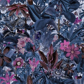 Moody Jungle Tropical Flower Pattern Blue Pink Smaller Scale