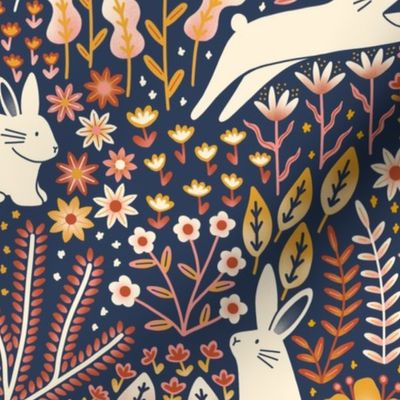 Rabbit Meadow - Colourful - Navy Background With Cute White Bunny Rabbits 
