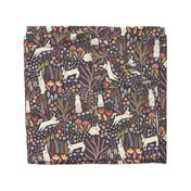 Rabbit Meadow - Colourful - Navy Background With Cute White Bunny Rabbits 