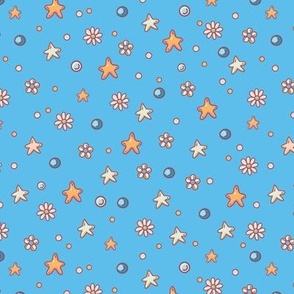 Cute stars and white daisy flowers on blue