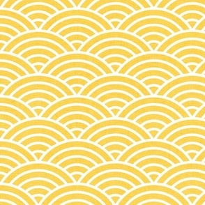 Japanese Waves- Seigaiha Distressed Linen Texture- Rainbow- Scalloped Arches- Mermaid Scales- Sea Waves- White Lines in Dandelion Yellow- Small- FDDB6D