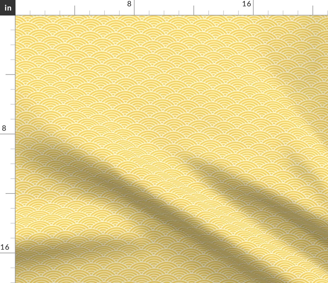 Japanese Waves- Seigaiha Distressed Linen Texture- Rainbow- Scalloped Arches- Mermaid Scales- Sea Waves- White Lines in Dandelion Yellow- sMini- FDDB6D