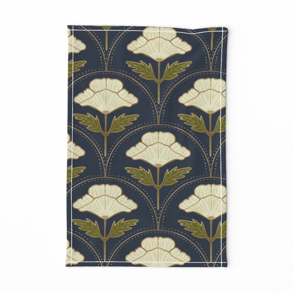 Art Nouveau white poppies faux gilt on navy