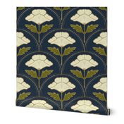 Art Nouveau white poppies faux gilt on navy