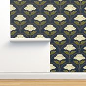 Art Nouveau white poppies faux gilt on navy