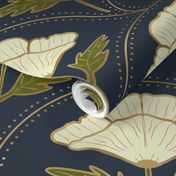 Art Nouveau white poppies faux gilt on navy