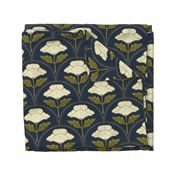 Art Nouveau white poppies faux gilt on navy