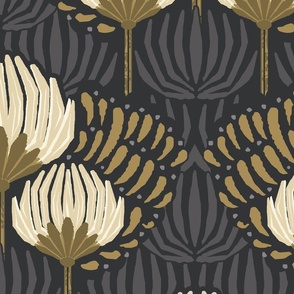 1920s Luxury Deco Floral  - Black, Cream, Gold, Gray - Jumbo