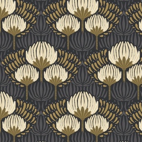 1920s Luxury Deco Floral  - Black, Cream, Gold, Gray - Large