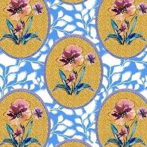 Floral Frame with White Floral Trellis in Blue Lagoon Background