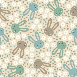 Ditsy Bunny Floral: Blue & Green on Greige (Large Scale)