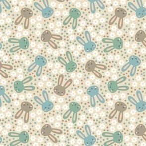 Ditsy Bunny Floral: Blue & Green on Greige (Small Scale)
