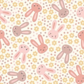 Ditsy Bunny Floral: Muted Pink & Yellow on Cream (Large Scale)