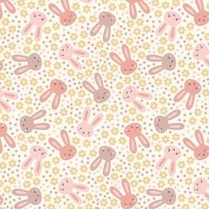 Ditsy Bunny Floral: Muted Pink & Yellow on Cream (Small Scale)