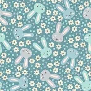 Ditsy Bunny Floral: Blue & Teal (Large Scale)