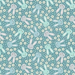 Ditsy Bunny Floral: Blue & Teal (Small Scale)