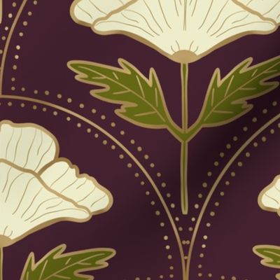 Art Nouveau white poppies on muscadine purple